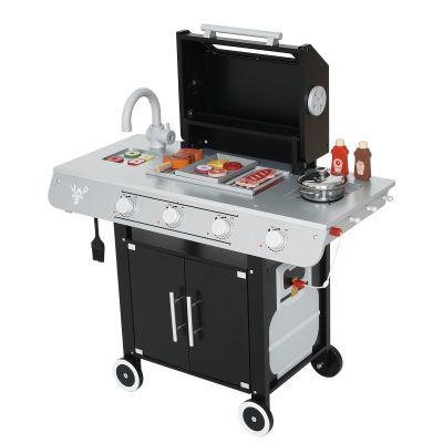 EDUBEBO Realistic Kids Wooden BBQ Grill Playset - Toddler Play Grill Station for Indoor & Outdoor, Pretend Play Toy Grill for Kids Ages 3-8, Wooden Kitchen Cooking Toy with Toy Food & Grilling Tools