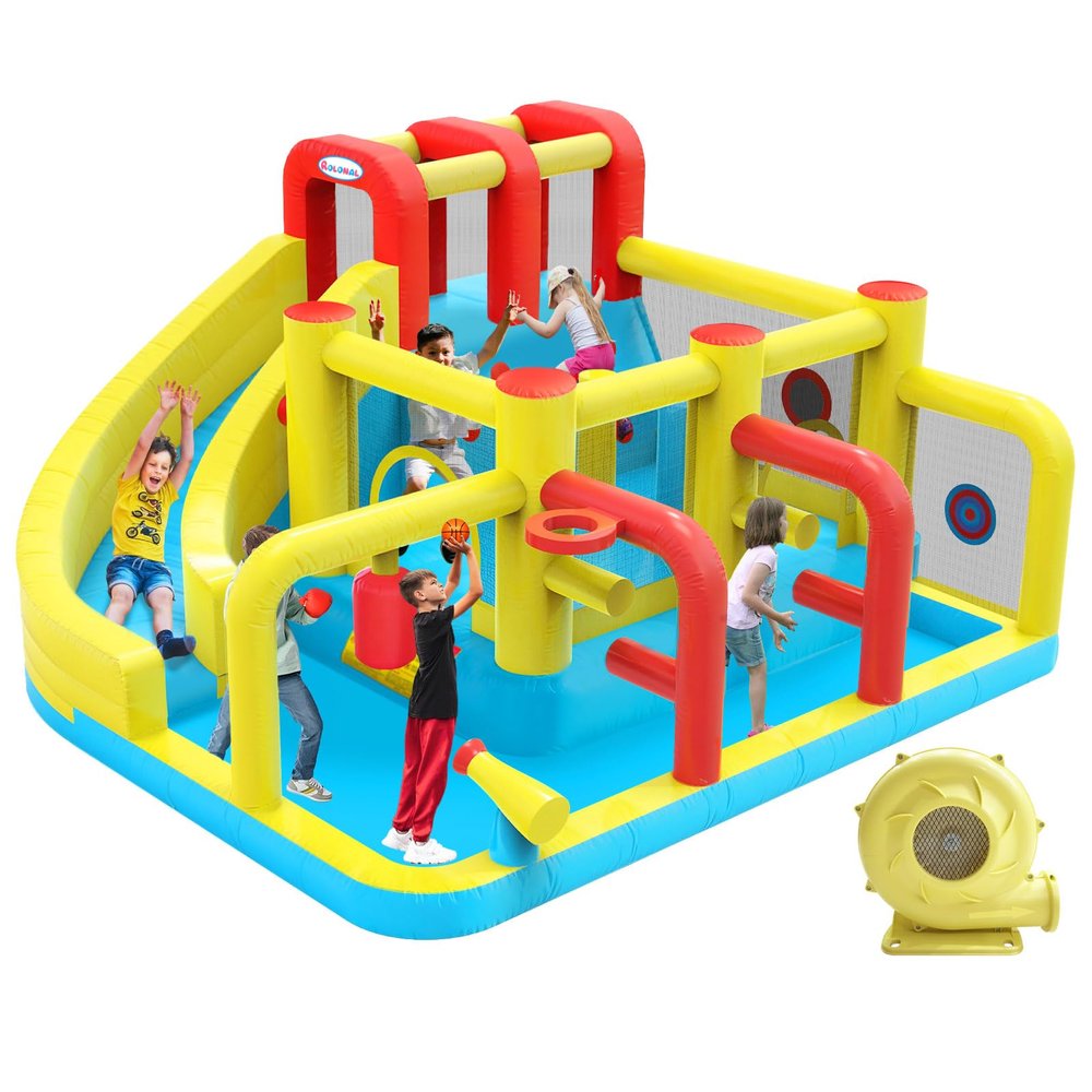 Inflatable Bounce House Water Slide,12.5ft x 11.4ft,Long Slide,Basketball Hoop,Fun Central Obstacle,Throw Ball Game,Tunnels, Climbing,Water Cannon,Inflatable sandbags.