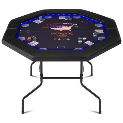 REAHOISY Foldable Poker Table with LED Lights, Octagon Casino Leisure Texas Holdem Table for 8 Player, Folding Blackjack Table w/Built-in LED Light, Padded Rails & Cup Holders for Home Game Room