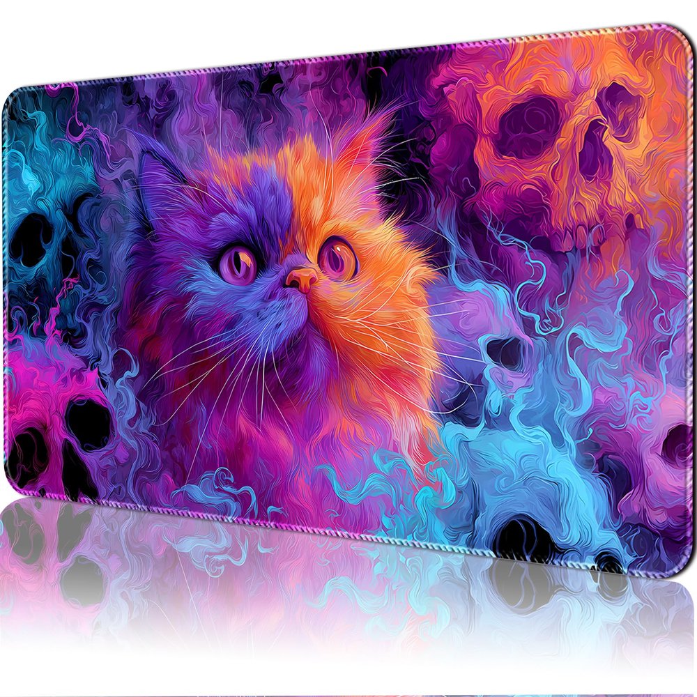 April Space MTG Playmats(Stitched) Size 24x14 in with Card Zones Storage Bag (Skeleton Cat-No Zone)