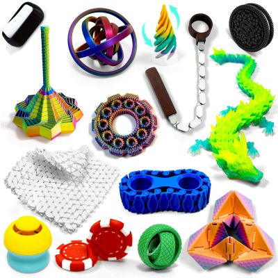 14-in-1 3D Printed Fidget Set for Adults - Sensory Anxiety Relief with Clicker, Articulated Dragon, Impossible Pyramid, Gyro Spinner, Poker Chips, Stress Relief Gifts for Men Women