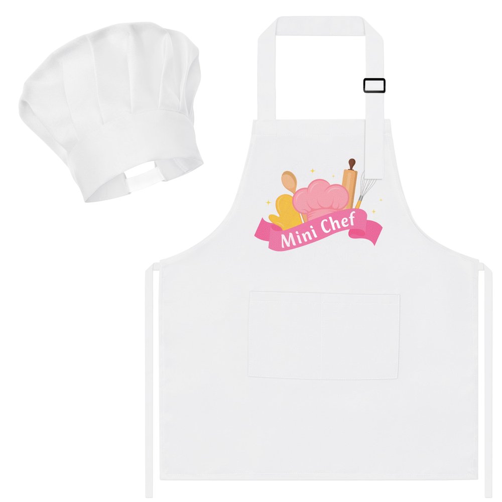 R HORSE Kid Apron and Chef Hat Set 2Pcs Adjustable White Mini Chef Children Kitchen Apron, Dress up Role Play Chef Toy Funny Cooking Baking Painting and Training Kits for Girls Birthday Gift