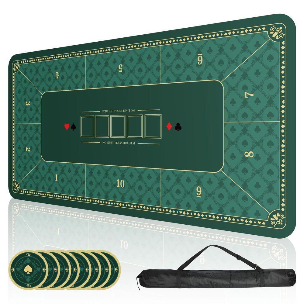ORIENGEAR Poker Mat 70x35 Inch, 10 Player Poker Table Topper with Non-Slip Rubber Base & Carry Bag, Professional Blackjack Table Top for Texas Holdem, Home Casino Game Nights (Green Design)