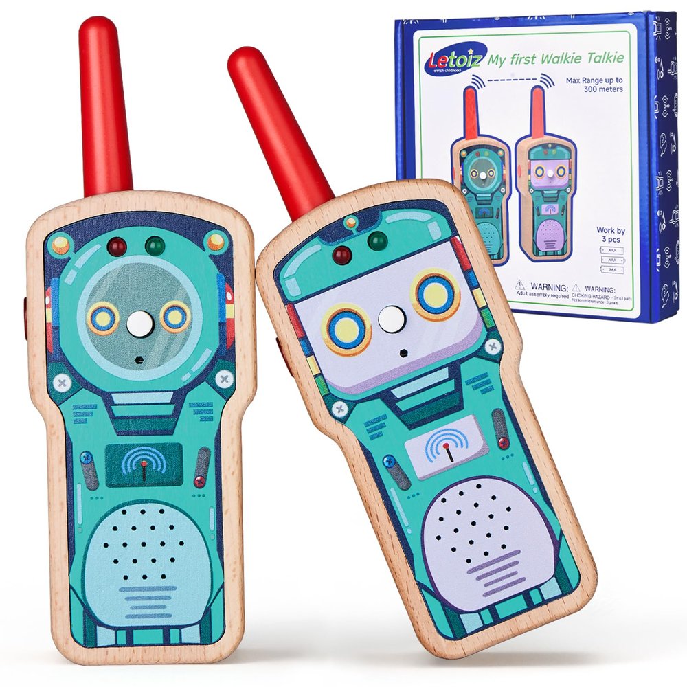 Letoiz Robot Walkie Talkie for Kids, 2 Pack Wooden Handheld Walkie-Talkie for Boys and Girls Ages 3-12 Hiking Camping, 1000FT Long Range with 2 Way Radio, Indoor and Outdoor Toys for Birthday Xmas