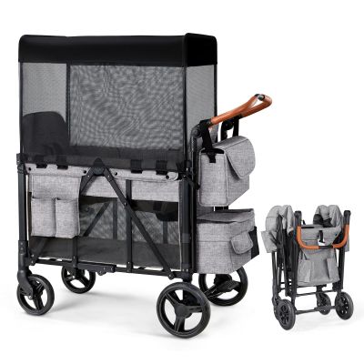 Wagon Stroller for 2 Kids, Foldable Wagon for Kids and Infants, All Terrian Wheels with Shock-Absorbing, 5 Point Harness, Removabel Canopy and Ample Storage Bag Included (Gray)