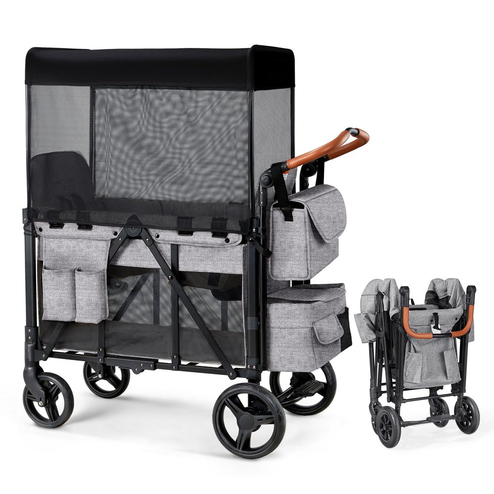 Wagon Stroller for 2 Kids, Foldable Wagon for Kids and Infants, All Terrian Wheels with Shock-Absorbing, 5 Point Harness, Removabel Canopy and Ample Storage Bag Included (Gray)