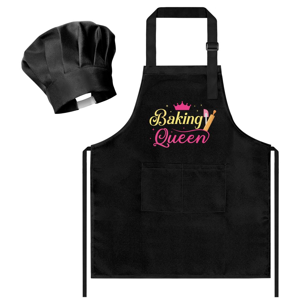 R HORSE Kid Apron and Chef Hat Set 2Pcs Adjustable Black Baking Queen Children Kitchen Apron, Dress up Role Play Chef Toy Funny Cooking Baking Painting and Training Kits for Girls Birthday Gift