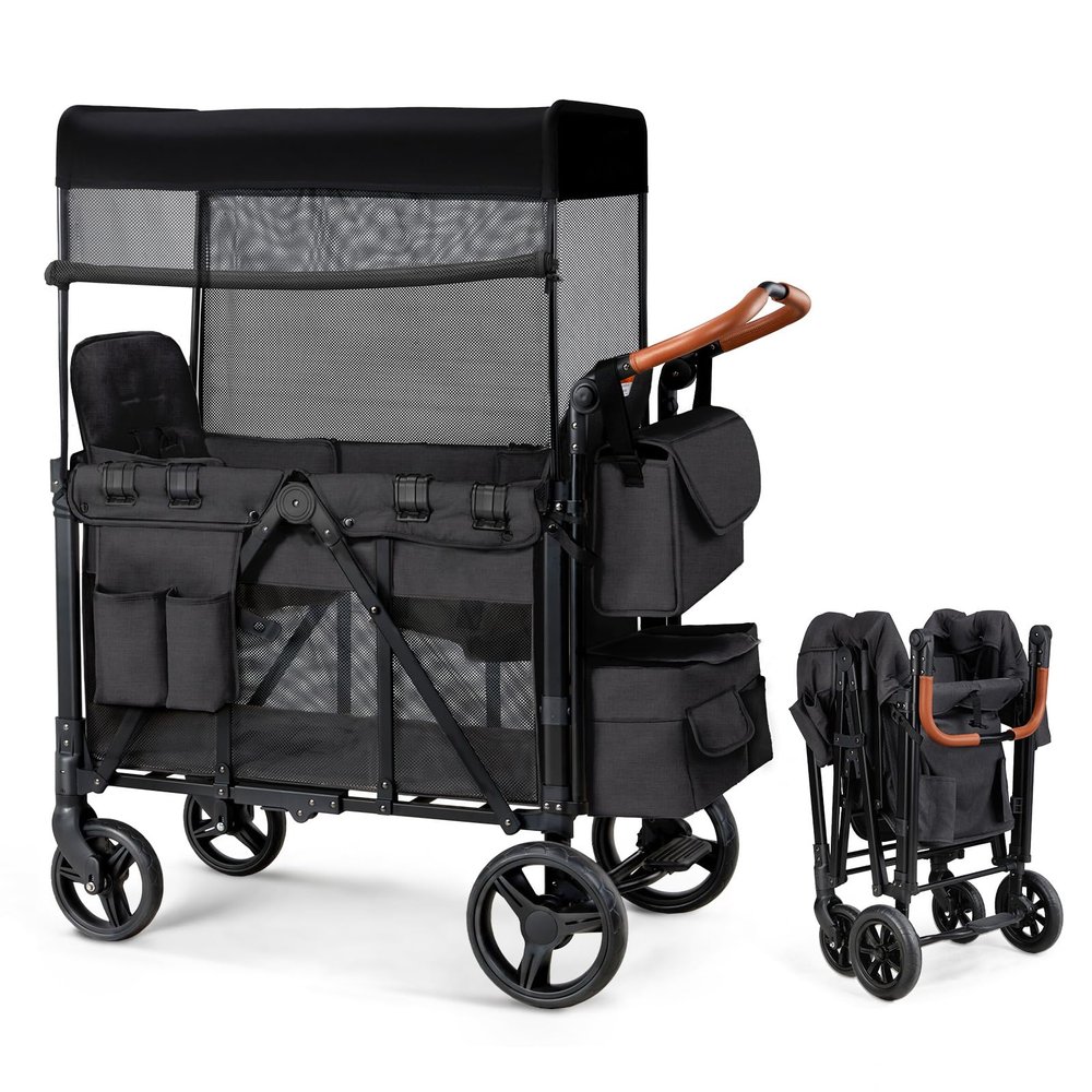Wagon Stroller for 2 Kids, Foldable Wagon for Kids and Infants, All Terrian Wheels with Shock-Absorbing, 5 Point Harness, Removabel Canopy and Ample Storage Bag Included (Black)