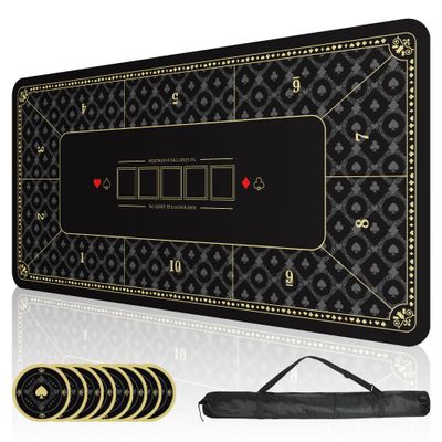 ORIENGEAR Poker Mat 70x35 Inch, 10 Player Non-Slip Rubber Base Poker Table Topper with Carry Bag, Professional Blackjack Table Top for Texas Holdem & Home Casino Game Nights, Black