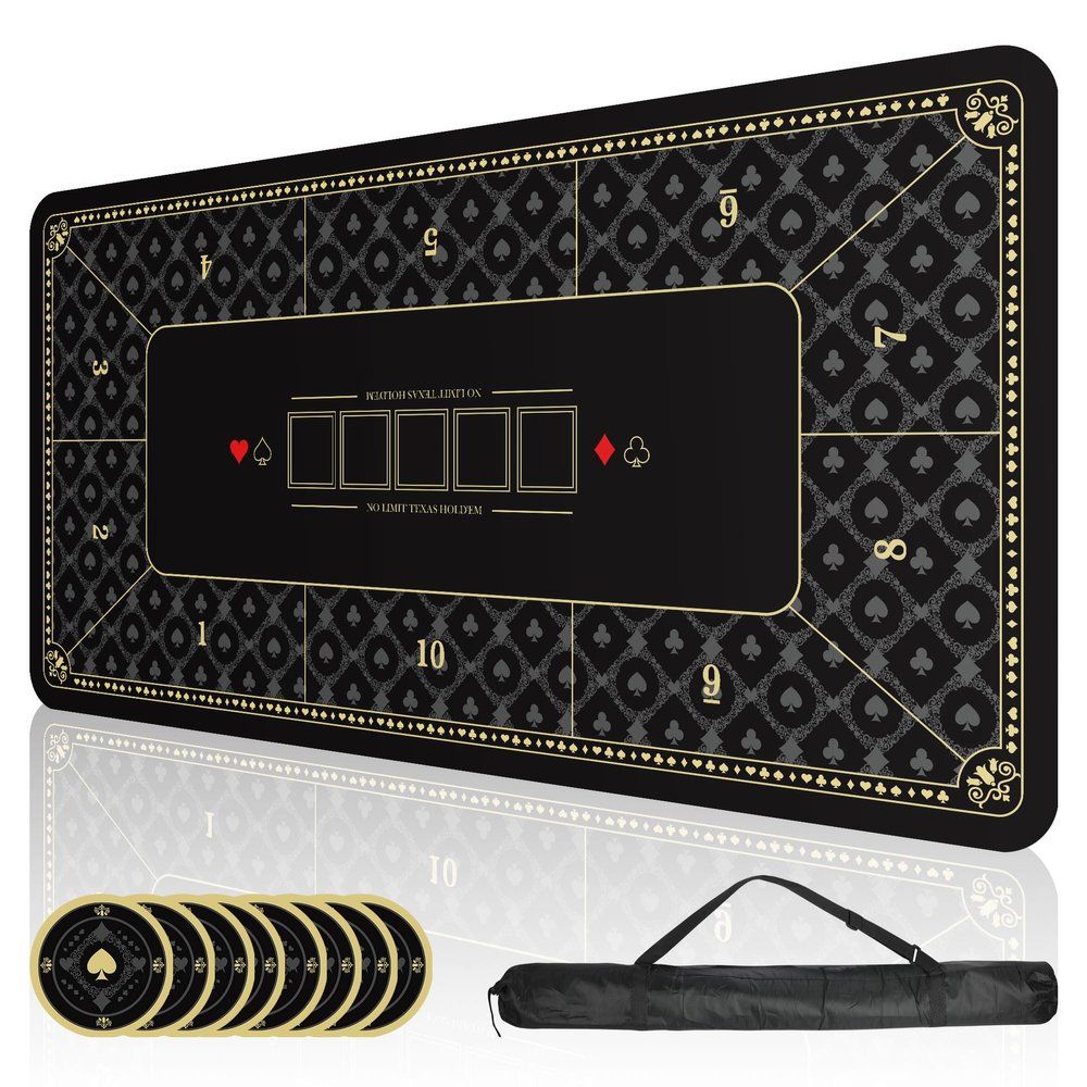 ORIENGEAR Poker Mat 70x35 Inch, 10 Player Non-Slip Rubber Base Poker Table Topper with Carry Bag, Professional Blackjack Table Top for Texas Holdem & Home Casino Game Nights, Black