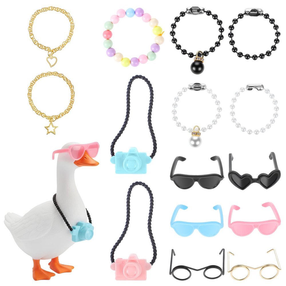 15PCS Desk Goose Outfits 7 Inches, Cute 7 Inch Desk Goose Outfits, Porch Gooses Accessories with 6 Glasses 2 Camera, 7 Necklace, for Desktop Gooses Statues Christmas and Halloween Decorations