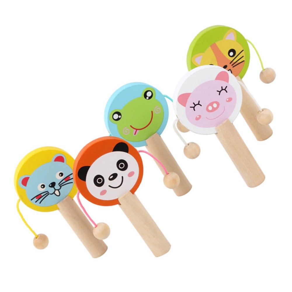 COOLHIYA 5pcs Wooden Rattle Cartoon Animal Handheld Musical Shakers for Hand-Eye Coordination and Early Education Safe Lightweight Developmental Play