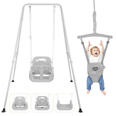 4-in-1 Toddler Swing Set & Baby Jumper and Bouncer for Toddlers, Foldable Baby Swing Stand for Outdoor Indoor Play, Easy to Assemble and Store for Ages 6 Months to 10 Years Old (Grey)
