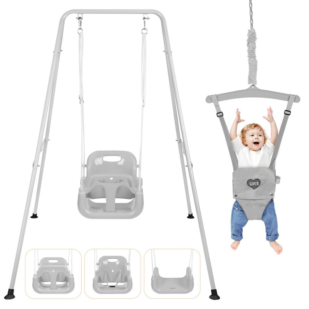 4-in-1 Toddler Swing Set & Baby Jumper and Bouncer for Toddlers, Foldable Baby Swing Stand for Outdoor Indoor Play, Easy to Assemble and Store for Ages 6 Months to 10 Years Old (Grey)