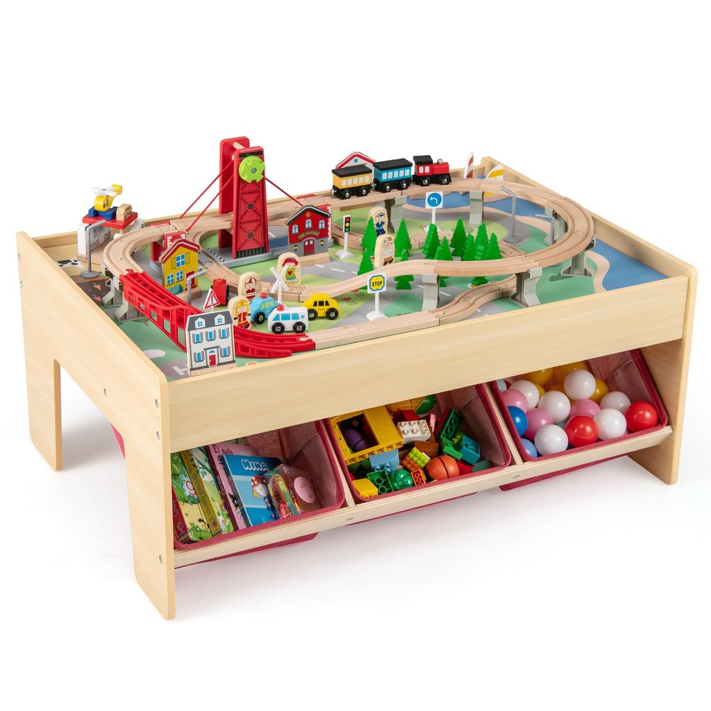GLACER Wooden Train Table, 94 PCS Activity Play Table with 2 in 1 Reversible Tabletop, 3 Folding Fabric Storage Bins, Tracks, Pulley Drawbridge, Cars, Train Set Table for Boys Girls Ages 3+