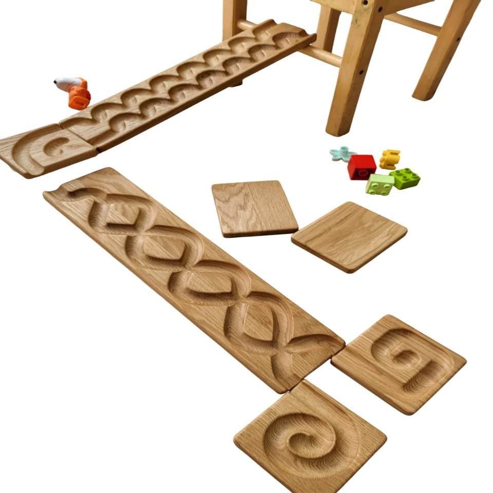 Wooden Marble Run Track Set of 2 Wind+Whirlpol Race Machine Set Wooden Maze Board Ball Run Montessori STEM Toy Gift for Kids Marble Wave Course Winding Roller Track Game (Wind+Whirlpol)