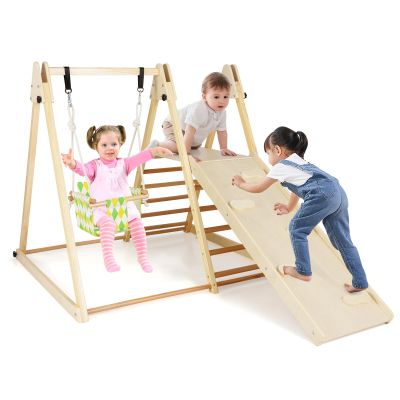 HONEY JOY Kids Indoor Jungle Gym, 4-in-1 Toddler Climbing Toy w/Baby Swing, Climber, Ladder, Climbing Ramp, Resting Platform, Wooden Montessori Playground Playset for Kids Aged 1+ (Natural)