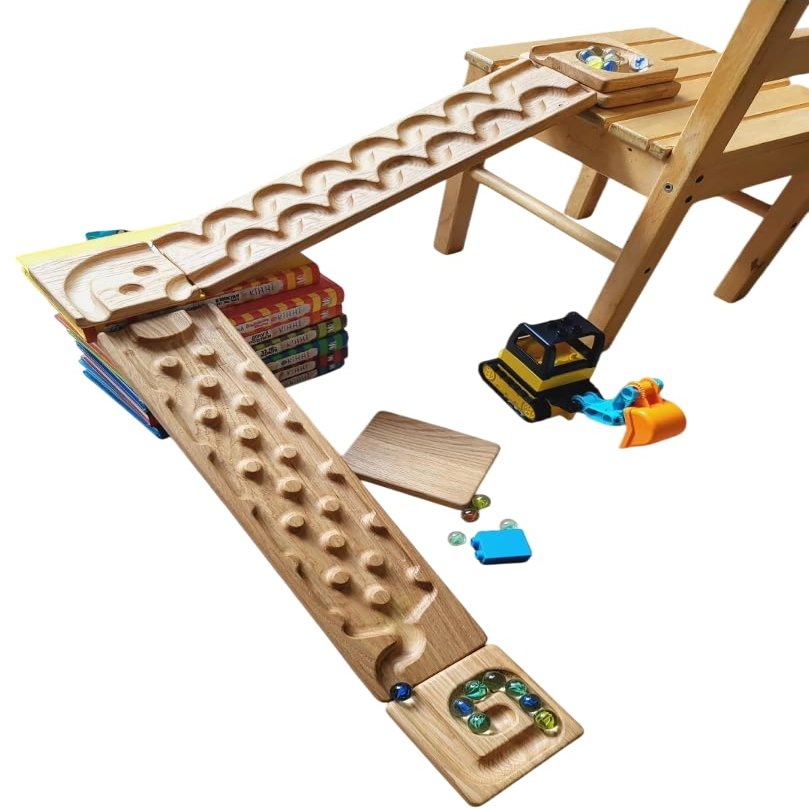 Wooden Marble Run Track Set of 2 Wind+Rocks Race Set Wooden Maze Board Ball Run Montessori STEM Toy Gift for Kids Wave Course Winding Roller Track Game (Wind+Rocks)