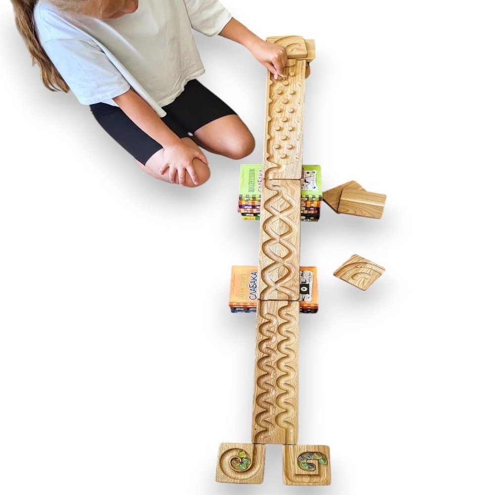 Wooden Marble Run Track Montessori STEM Toy for Kids Race Machine & Maze Board Educational Wooden Roller Track Game Set of 3 Run Gift for Children
