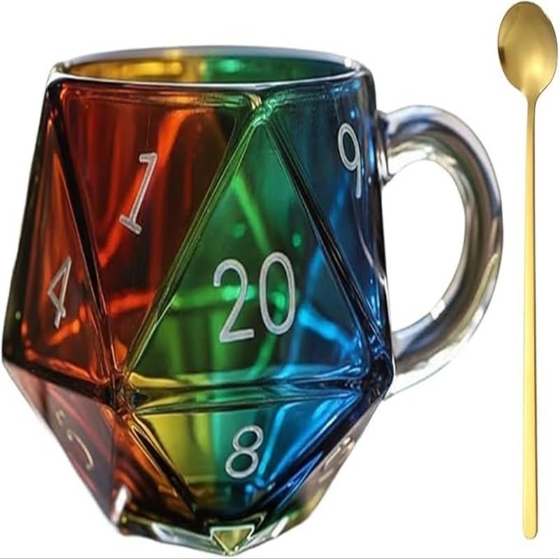 Astraeon Rainbow D20 Dice Cup, Multi-Sided Dice Coffee Cup with Handle, Clear Glass Game Cup for Role Playing Lovers, Board Enthusiasts, Fantasy Themed Game Night Mug Gift (1 pc)