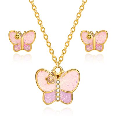 Butterfly Kids Jewelry Set for Girls Hypoallergenic 316L Surgical Stainless Steel Cute Butterflys Earrings Necklace Set Princess Shining Colorful Jewelry Gift for Little Girl Daughter Granddaughter