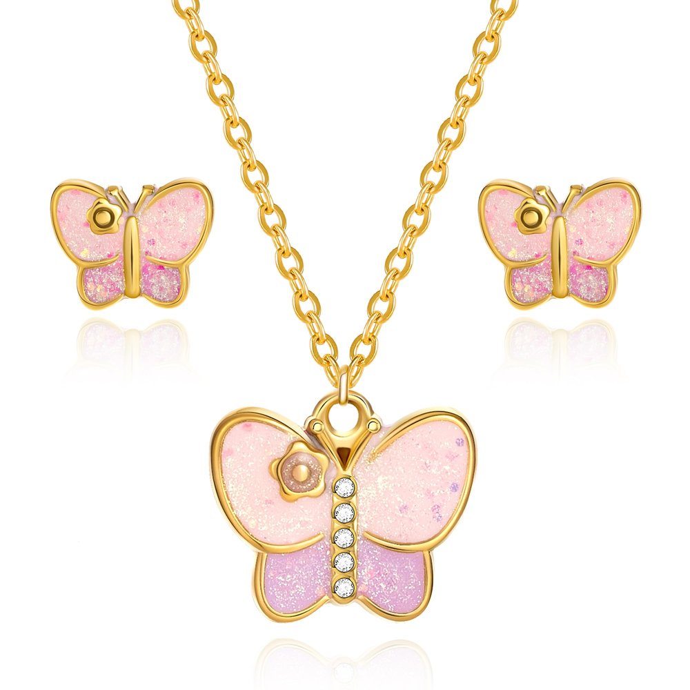 Butterfly Kids Jewelry Set for Girls Hypoallergenic 316L Surgical Stainless Steel Cute Butterflys Earrings Necklace Set Princess Shining Colorful Jewelry Gift for Little Girl Daughter Granddaughter