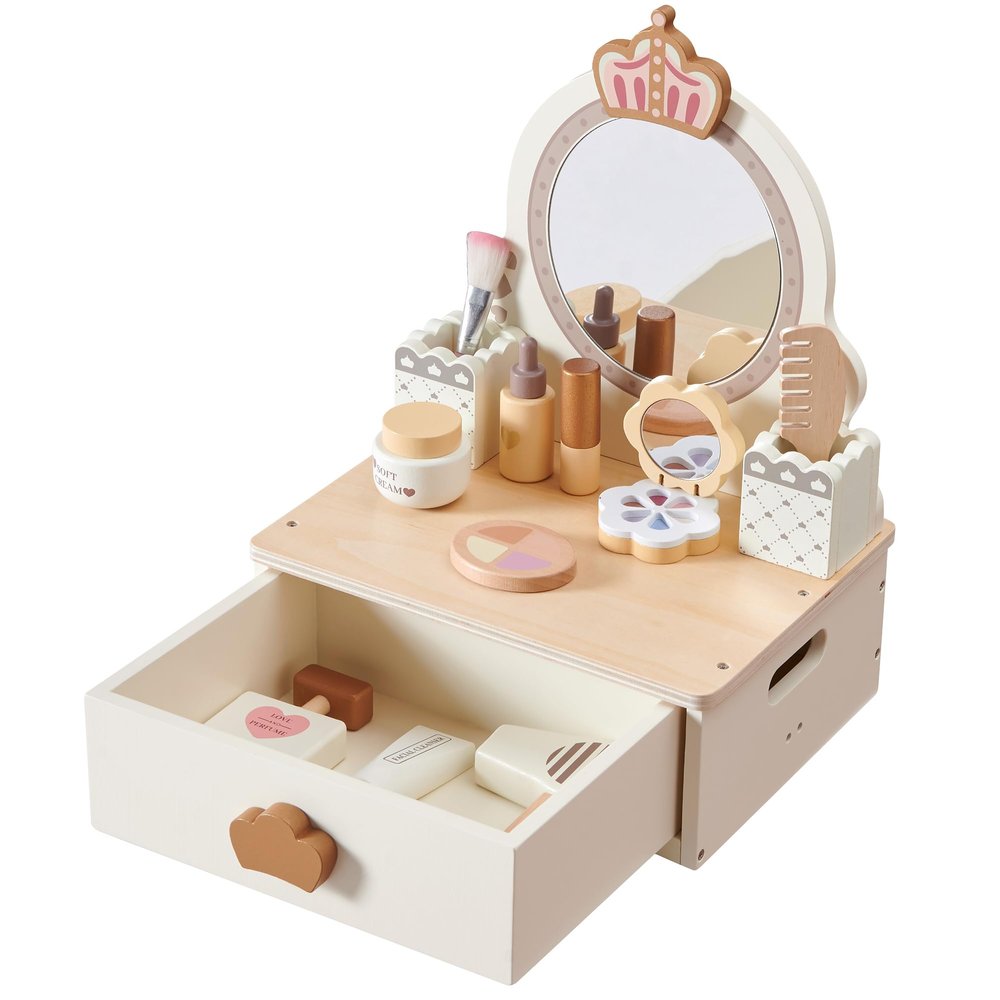 BXKX Kids Vanity Table Set for Kids, Wooden Toddler Vanity Set with Mirror & Drawer, Pretend Makeup for Toddlers with Accessories, Little Girl Makeup Table Age 3+