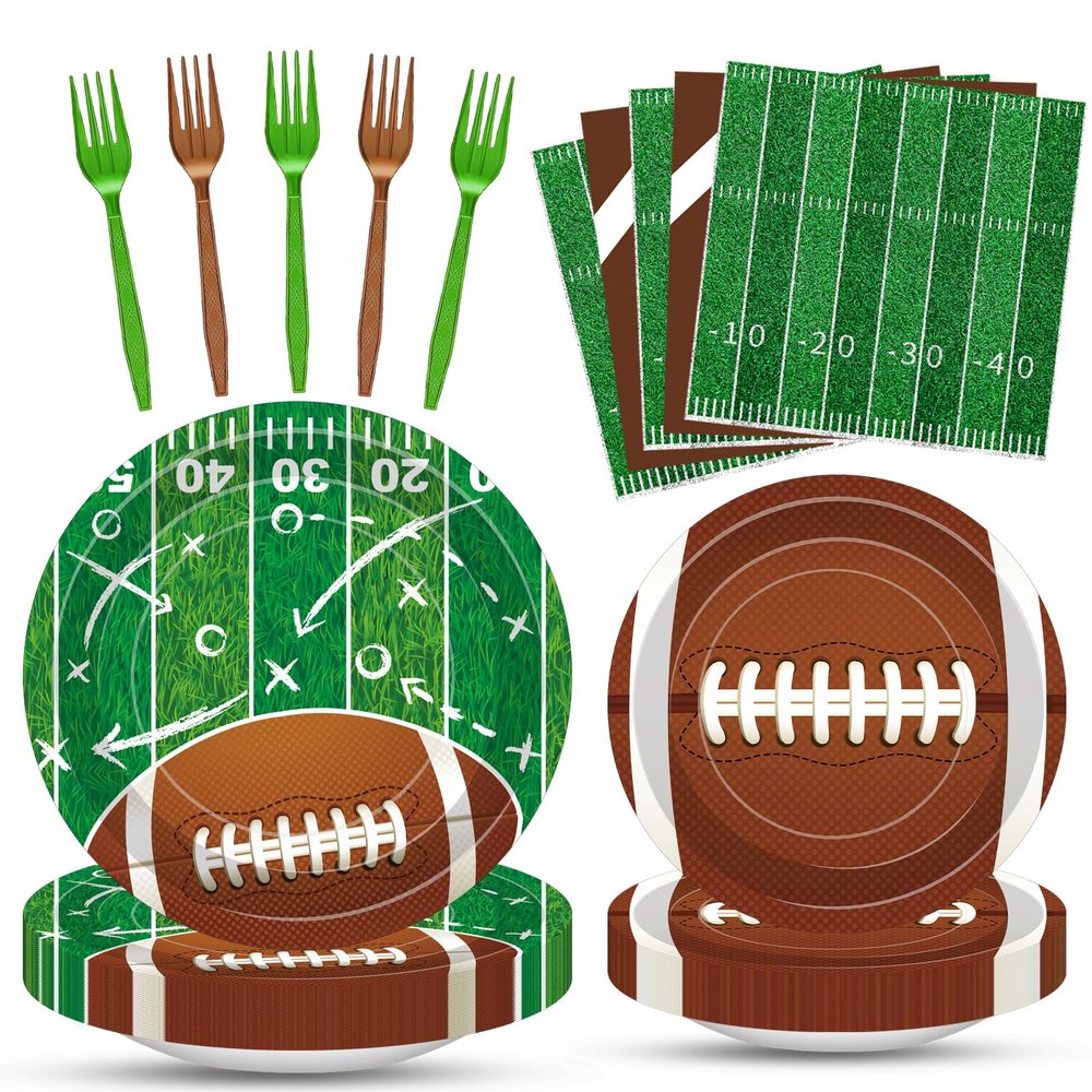 100 Pcs Football Party Supplies Set, Serves 25  Disposable Football and Field Design Paper Plates, Napkins, and Forks, Game Day Tailgate Themed Tableware for Sports Birthday and Team Decorations