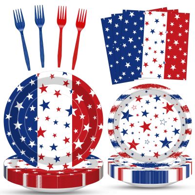 100 Pcs Patriotic Party Supplies Set, Serves 25 Disposable Red White Blue Star Paper Plates, Napkins, and Forks, American Flag Themed Tableware for 4th of July, Memorial Day, Labor Day Decorations