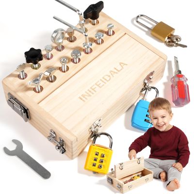 INIFEIDALA Montessori Busy Board Toddler Toys for Ages 3+ - Wooden Sensory Latches Board with Lock & Key & Kid Tool Screwdriver Set, Preschool Educational Toy - Fine Motor Skills - STEM Learning Toys