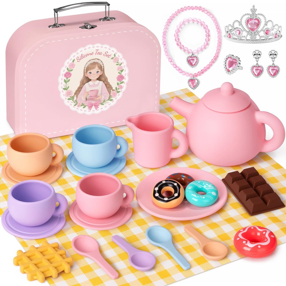 iAOVUEBY Silicone Tea Set for Toddlers, Tea Party Set for Little Girls, Kids Pretend Role Play Kitchen Toys, Toddler Girl Birthday Gifts Age 2-5 Year Old