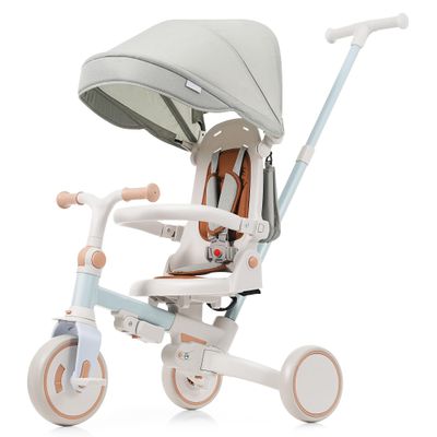 7-in-1 Foldable Toddler Tricycle with Parent Push Handle, Removable Pedals & Canopy for 1-6 Year Olds, 5-Point Harness & Lightweight Aluminum Frame (Blue)