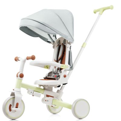 7-in-1 Foldable Toddler Tricycle with Parent Push Handle, Removable Pedals & Canopy for 1-6 Year Olds, 5-Point Harness & Lightweight Aluminum Frame (Green)