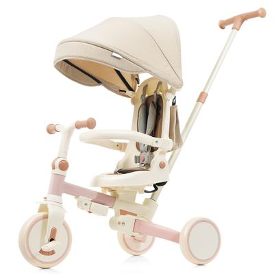 7-in-1 Foldable Toddler Tricycle with Parent Push Handle, Removable Pedals & Canopy for 1-6 Year Olds, 5-Point Harness & Lightweight Aluminum Frame (Pink)