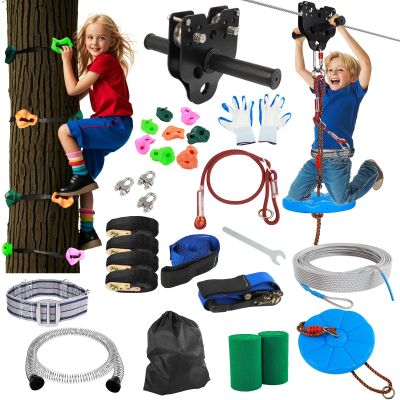 FAHKNS 120FT Zipline for Backyard Kids and Adults: Up to 400 lbs Updated Removable Design Trolley,Thickened Seat,Safety Harness,Quick Tighten Zipline Kits for Outdoor