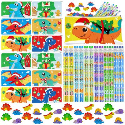 Cinrobiye 48 Pcs Christmas Dinosaur Gift Set Holiday Pencil Case Pouches Dino Pencils Erasers Xmas Party Supplies Stocking Stuffers Goody Bag Fillers Teacher Rewards Prizes Holiday Exchange Gifts