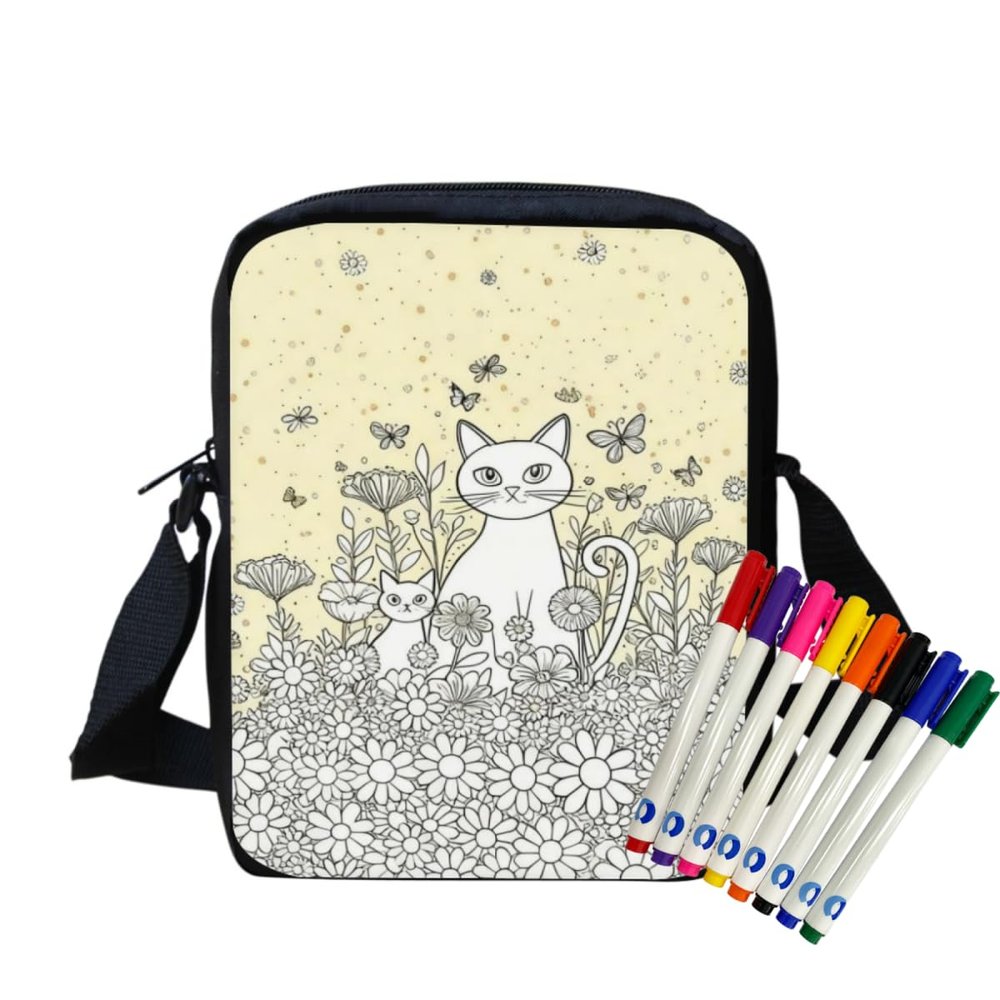 YDTOADDIT Color Your Own Message Bag for Girls Cute Cat DIY Hand Painted Crossbody Bag with 8 Markers