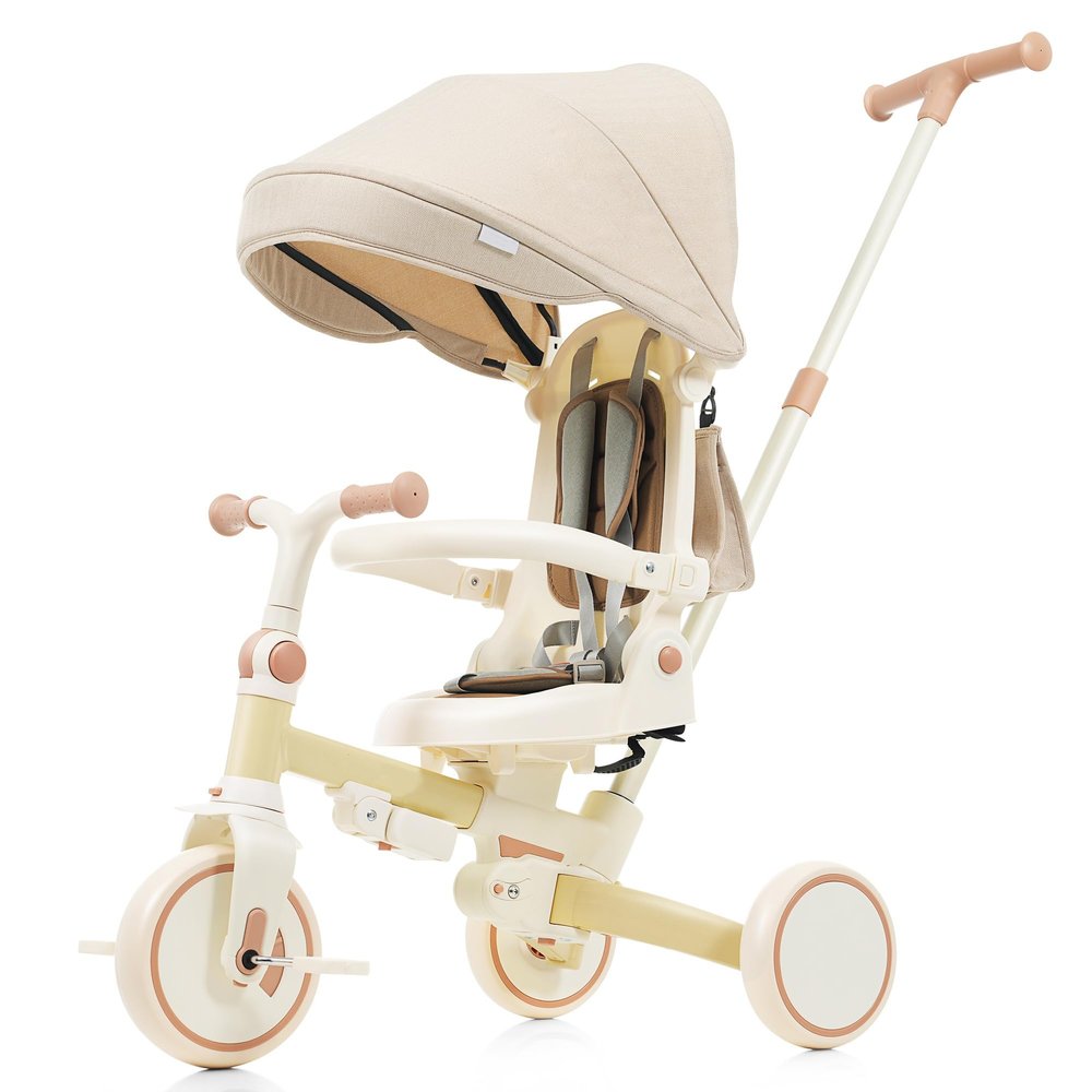 7-in-1 Foldable Toddler Tricycle with Parent Push Handle, Removable Pedals & Canopy for 1-6 Year Olds, 5-Point Harness & Lightweight Aluminum Frame (Yellow)