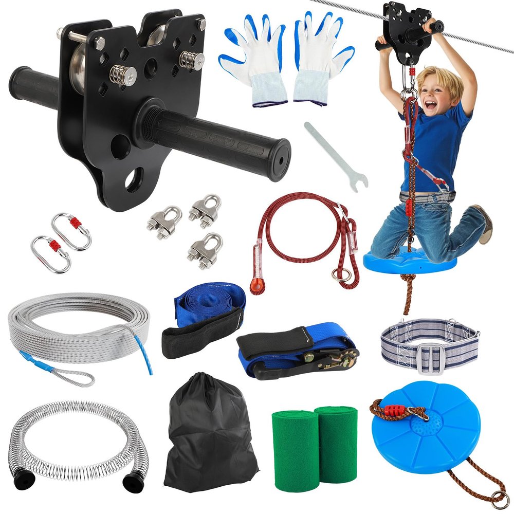 FAHKNS 60/100/160/200FT Zipline for Backyard Kids and Adults: Up to 400 lbs Updated Removable Design Trolley,Thickened Seat,Safety Harness,Quick Tighten Zipline Kits for Outdoor (100FT)