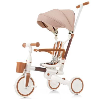 7 in 1 Toddler Tricycle with Parent Push Handle, Removable Pedals & Canopy, 5-Point Safety Harness - Portable Folding Trike Bike for Kids Ages 1-6 Years Old (Ivory and Brown)