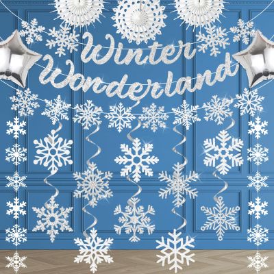 32Pcs Winter Wonderland Christmas Decorations, Winter Wonderland Decorations Snowflake Hanging Swirls Decoration Glittery Snowflakes Ornament Banner for Baby Shower Holiday Frozen Party Birthday Decor