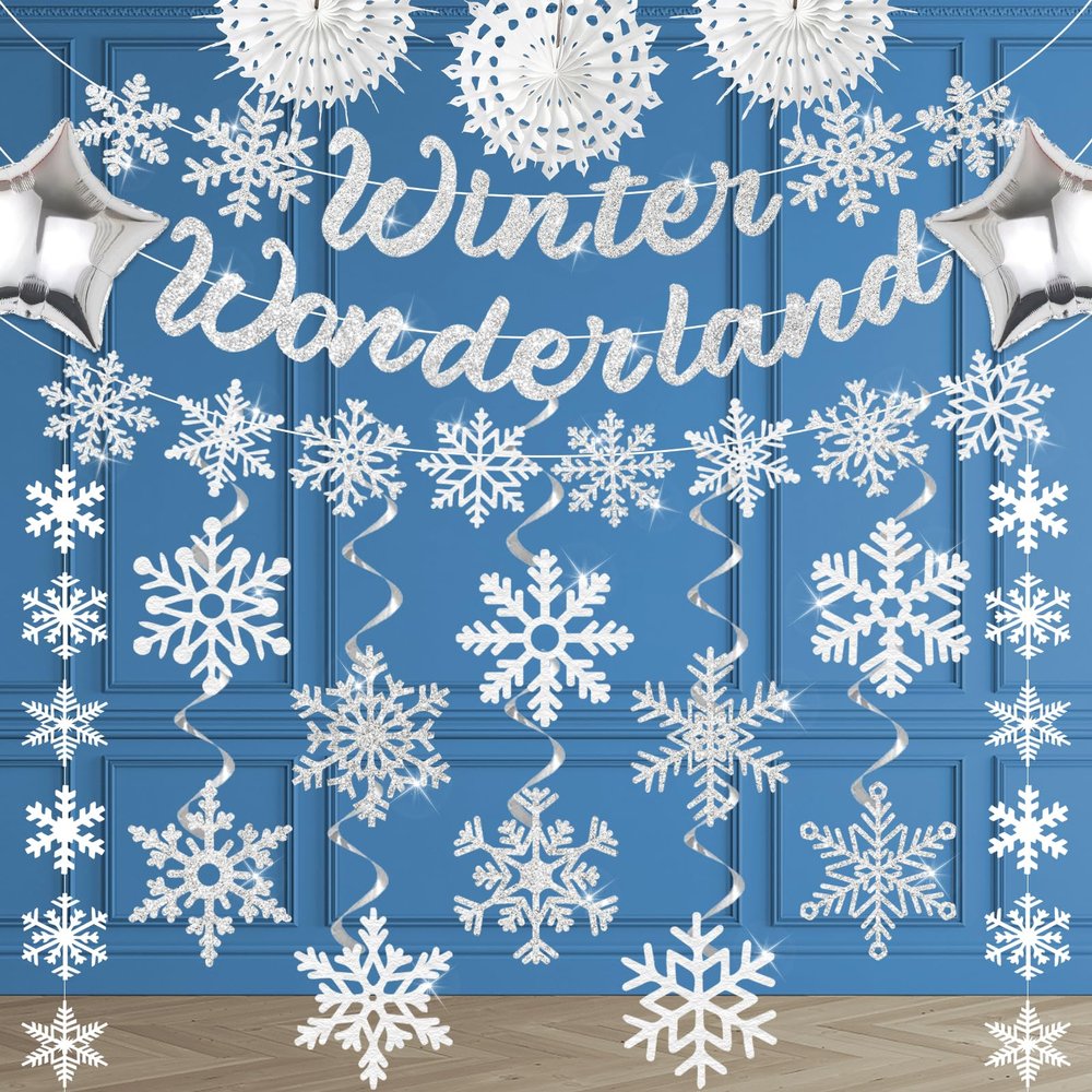 32Pcs Winter Wonderland Christmas Decorations, Winter Wonderland Decorations Snowflake Hanging Swirls Decoration Glittery Snowflakes Ornament Banner for Baby Shower Holiday Frozen Party Birthday Decor