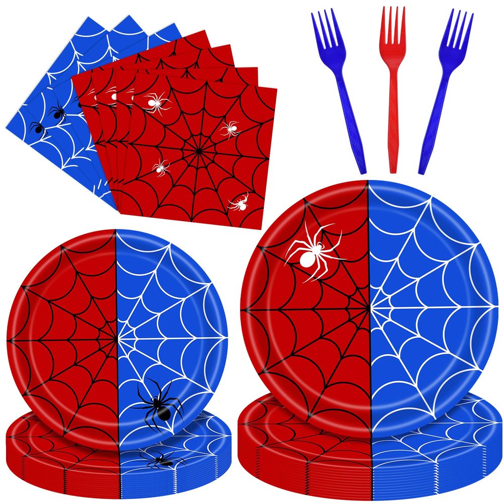 100 Pcs Spider Web Tableware Party Supplies  Disposable Red and Blue Web Paper Plates, Napkins, and Forks for Superhero Birthdays, Kids Parties, and Comic Theme Celebrations  Serves 25