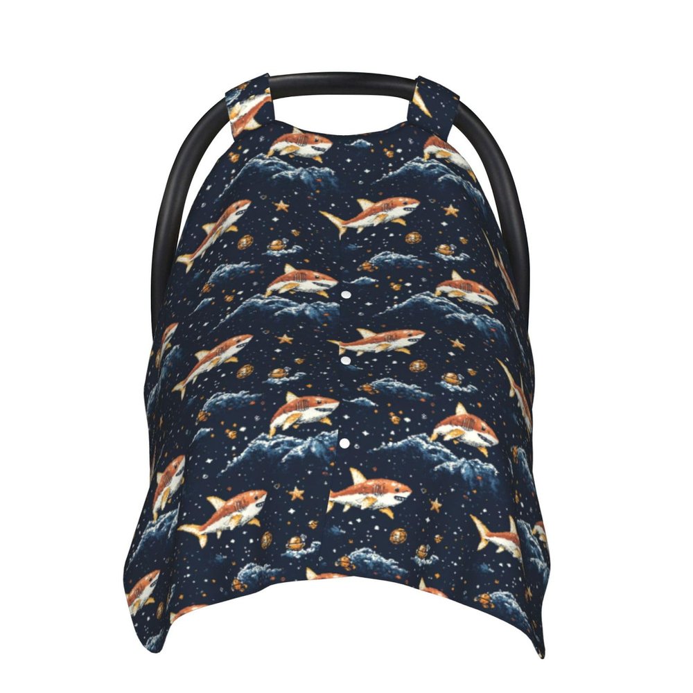 Orange Cartoon Shark Print Baby Car Seat Covers, Breathable Nursing Cover Breastfeeding Cover, Stroller Covers, Multi-use Infant Carseat Canopy, Baby Boys Girls Newborn Essentials