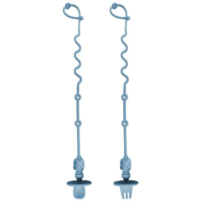 4PK Baby Spoon and Fork with Holder Straps for Kids Aged 6+ Months Self Feeding, No Throw Toddler Travel Essential Leash for High Chair or Bib or Wrist, Silicone Baby Led Weaning Supplies (Ether)