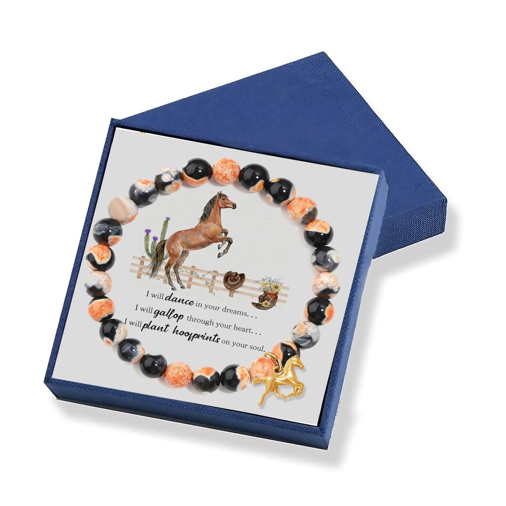 Gowvvxu Horse Bracelet with Natural Stone Beads Horse Jewelry for Women With Gift Card, Ideal equestrian Lover Gifts (OrangeBlack)