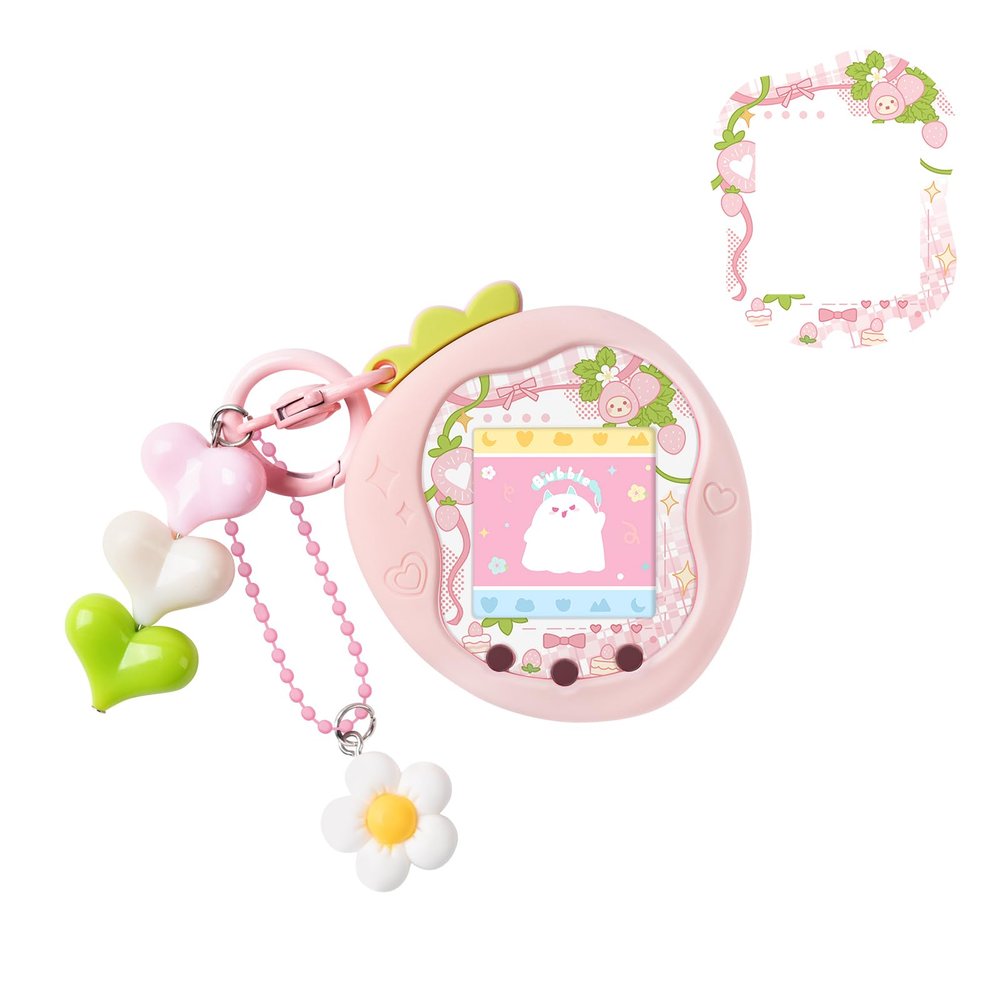 BUBBLELOGUS Strawberry Bubble Protective Case for Tamagotchi Uni, Soft TPU Silicone Cover with Faceplate & Charms Set, Anti-Scratch & Waterproof (Pink)