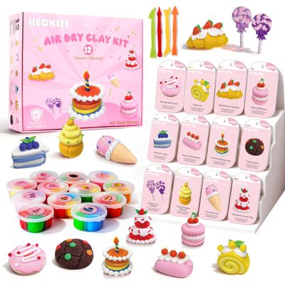 Air Dry Clay Kit for Kids 3-12 - 12 Boxes (48 Total Blocks) Non-Toxic Magic Molding Clay | Dessert-Themed DIY Set - No Baking, Mess-Free - Ideal for Family Time/Birthday Parties & Fine Motor Skills