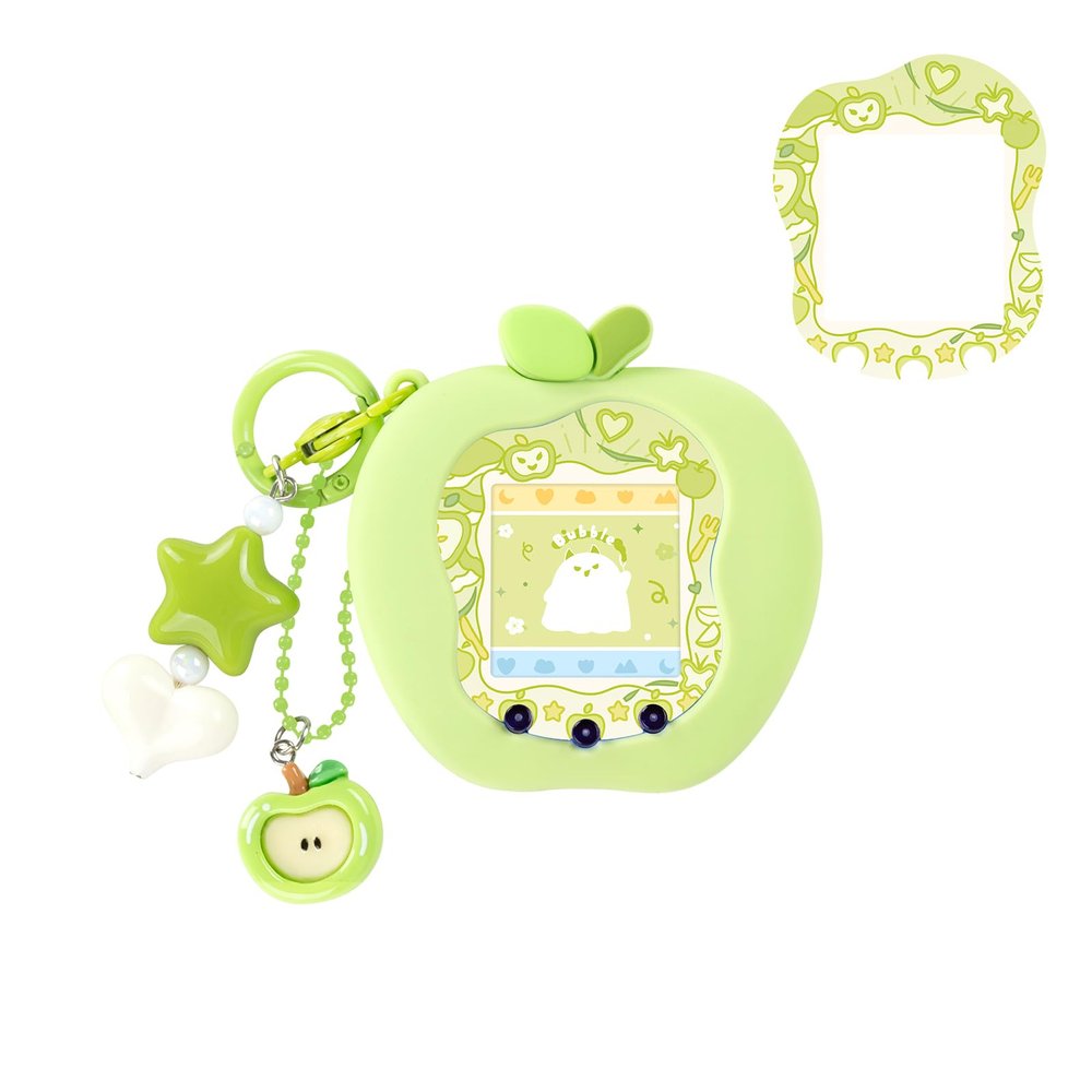 BUBBLELOGUS Apple Bubble Protective Case for Tamagotchi Uni - Soft TPU Silicone Cover with Faceplate & Charms Set, Anti-Scratch & Waterproof (Green)