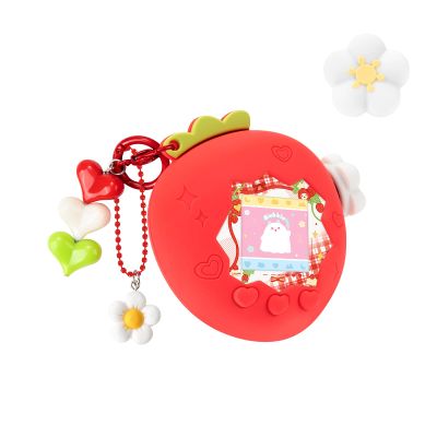BUBBLELOGUS Strawberry Bubble Protective Case for Tamagotchi Paradise, Soft TPU Silicone Cover with Faceplate, Flower Shaped Zoom Dial Cap & Charms Set, Anti-Scratch & Waterproof (Red)